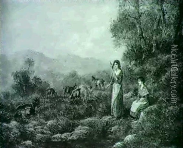By A River  A Shepherdess Oil Painting - Arthur Trevor Haddon