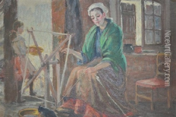 Woman Spinning Yarn - Interior View Oil Painting - Marie Tuck