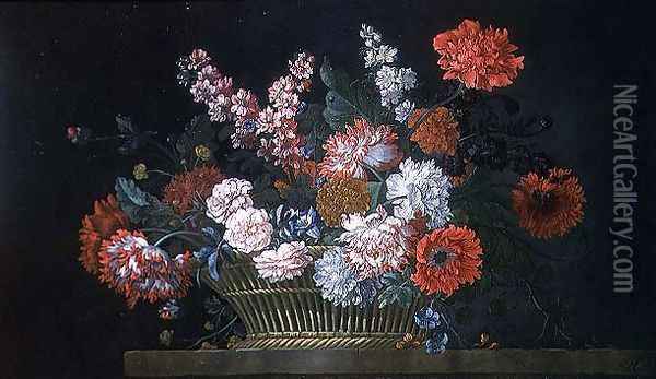 A Still Life of Carnations, Stocks, Peonies, Convolvulus and Other Flowers in a Basket Resting on a Stone Ledge, 1734 Oil Painting - Pieter Casteels