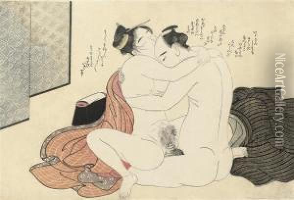 A Naked Couple, Circa 1790, Very
 Good Impression, Very Good Colour (the Fugitive Blue Is Still Present) 
Good Condition, A Waterstain In The Top Left Oil Painting - Katsukawa Shuncho