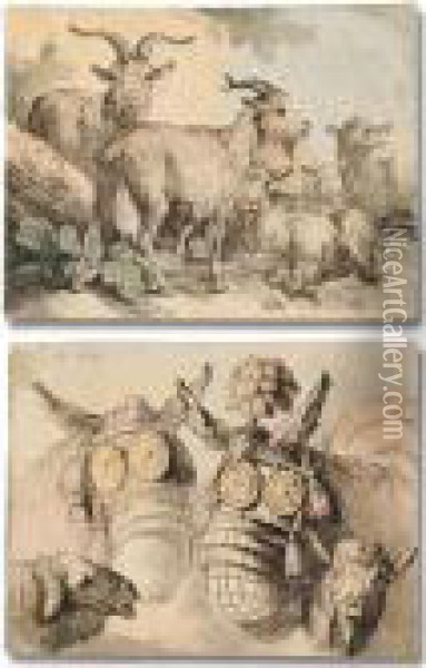Six Sheets With Studies Of 
Various Animals, Including Sheep, Cows, Goats, Deer, Bears, Foxes And 
Mules Oil Painting - Jean-Baptiste Huet I