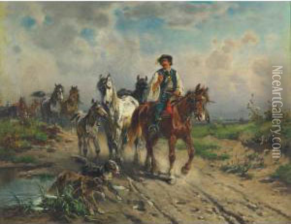 The Horse Dealers Riding Across The Hungarian Plains Oil Painting - Adolf van der Venne