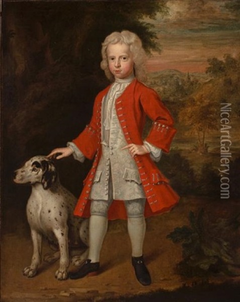 A Portrait Of A Boy In A Red Coat With His Dog Oil Painting - Charles d' Agar
