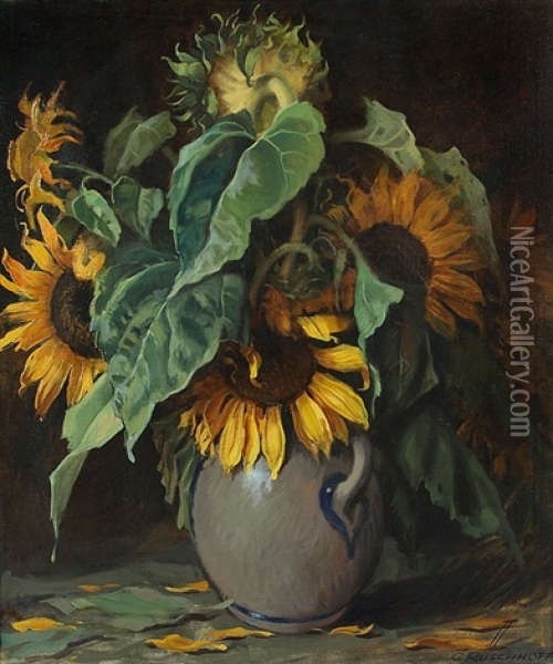 Sonnenblumen In Grau-blauer Steinzeugkanne Oil Painting - Gustav Rueschhoff