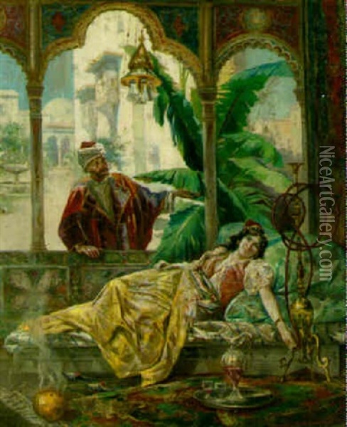 Harem Maiden With Sheikh Oil Painting - Domenico Morelli