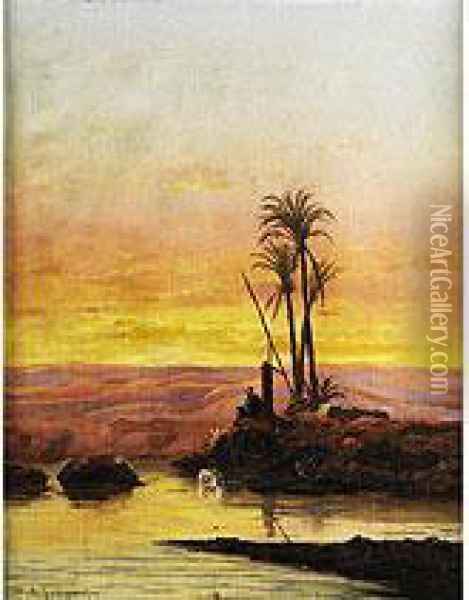 Araber An Einer Wasserstelle Mit Palmen Oil Painting - Antonio, Cavaliero Scognamiglio