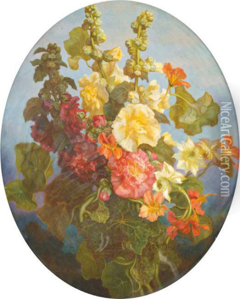 Bouquet De Roses Tremieres Oil Painting - Marie Octavie Sturel Paigne