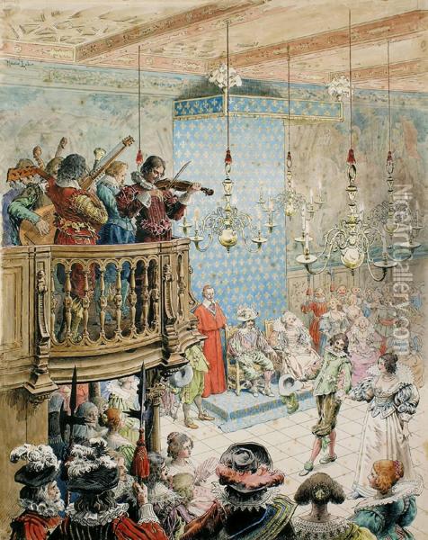 Bal A La Cour En Presence Du Roi, De La Reine Et Du Cardinal Oil Painting - Maurice Leloir