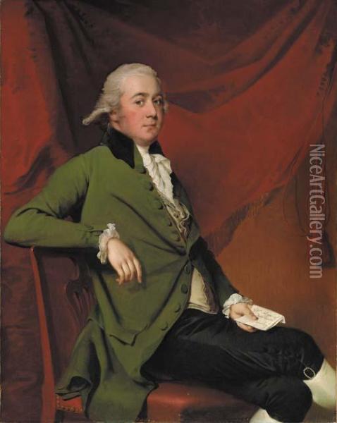 Portrait Of Edward Abney Of King
 Newton, Seated Three-quarter-length, In A Green Coat And Black 
Breeches, Holding A Letter In His Left Hand, Before A Red Curtain Oil Painting - Josepf Wright Of Derby