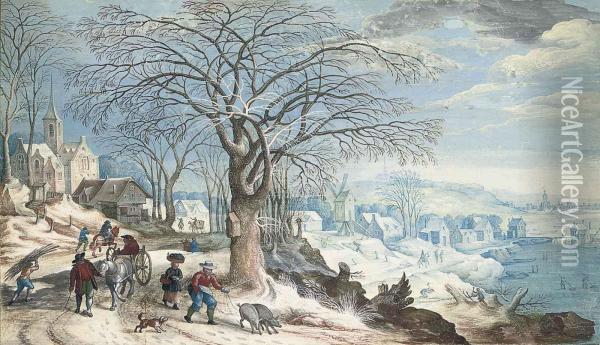 A Wintery Landscape With Travellers And A Swineherd Beside A Lake,a Village And Church Beyond Oil Painting - Friedrich The Elder Brentel