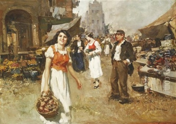 A Woman Holding A Basket In An Italian Market Oil Painting - Giuseppe Pitto