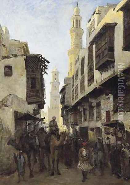 Street Mouizz-Dinn in Cairo, Kalaoun Mosque in the Background (La rue Mouizz-Dinn au Caire, avec la mosquee Kalaoun à l'arrière-plan) Oil Painting - Nikolai Egorovich Makovsky