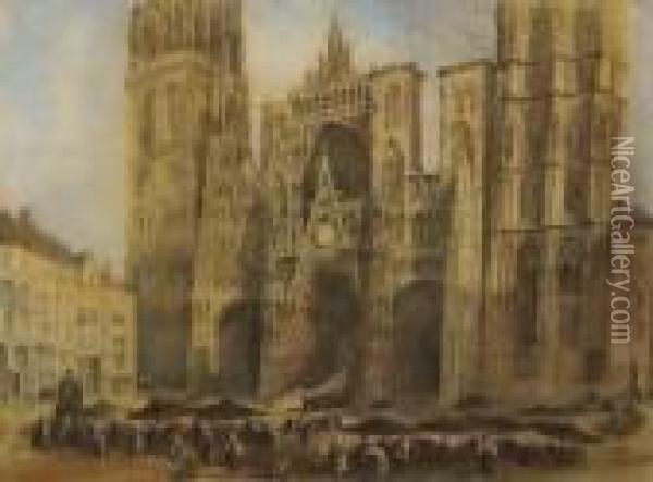 Figures Before Rouen Cathedral Oil Painting - Thomas Shotter Boys