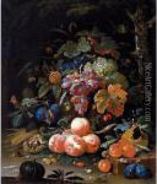 A Still Life Of Red And White 
Grapes In A Basket, Peaches, Plums, Chestnuts, An Ear Of Corn And 
Gooseberries Resting On A Forest Floor, With Snails, Butterflies, A 
Caterpillar, Wasp And Other Insects Oil Painting - Abraham Mignon