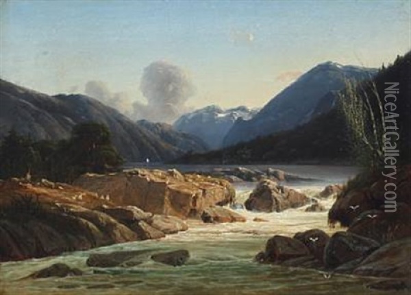 Mountain Scenery With A River, Shepherds And Sheep Oil Painting - Georg Emil Libert