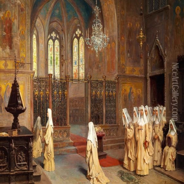 Scene From A Convent Oil Painting - Francesco Bergamini