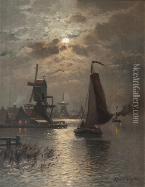 Flensburg Fjord By Night Oil Painting - Heinrich Petersen-Angeln