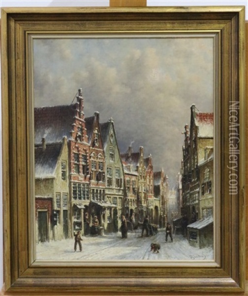 Winterse Straat Met Sneeuwballen Gooiende Jongens Oil Painting - Pieter Gerardus Vertin