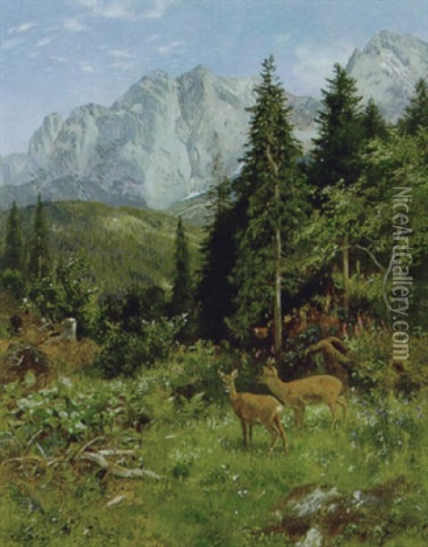 Rehwild Am Waldesrand Oil Painting - Josef Schmitzberger