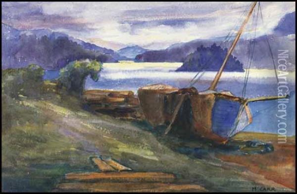 Beached Boat On A West Coast Seashore Oil Painting - Emily M. Carr