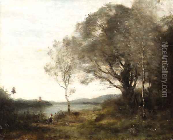 La tour au bord de l'etang Oil Painting - Jean-Baptiste-Camille Corot