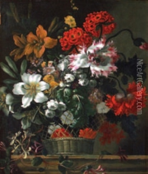 Bouquet De Fleurs Dans Des Corbeilles D'osier (pair) Oil Painting - Jean-Baptiste Belin de Fontenay the Elder