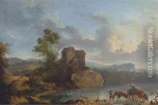 A Landscape With Travellers Crossing A Ford, A House Beyond Oil Painting - Jan Asselyn