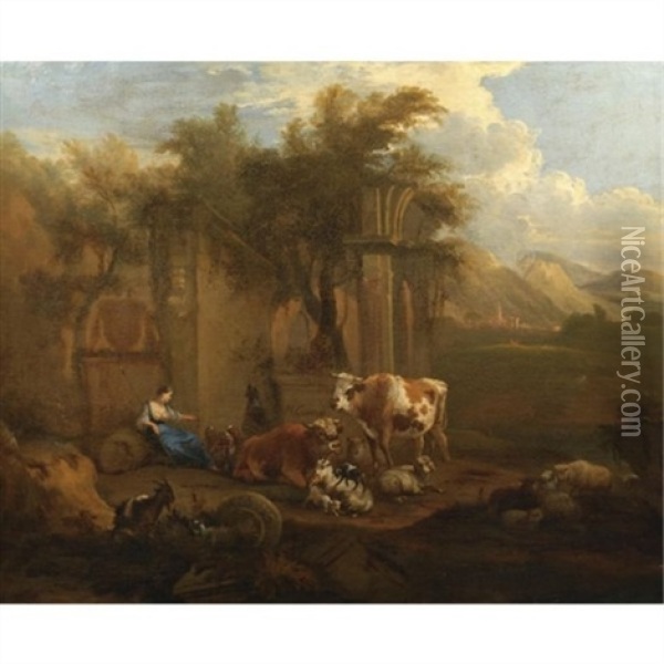 An Italianate Landscape With Drovers And Their Animals Resting Before Classical Ruins Oil Painting - Michiel Carree