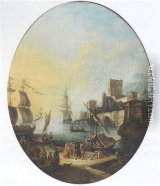 A Medittaranean Harbour With Elegant Figures And Stevedores On A Quay, Moored Shipping Beyond Oil Painting - Adrien Manglard