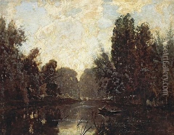 A River Landscape With A Figure In A Rowboat Oil Painting - Robert Noble