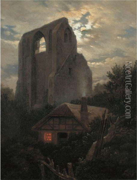 Ruine Eldena Mit Hutte Bei 
Greifswald Im Mondschein (ruins Of Theeldena Monastery, Greifswald) Oil Painting - Carl Gustav Carus