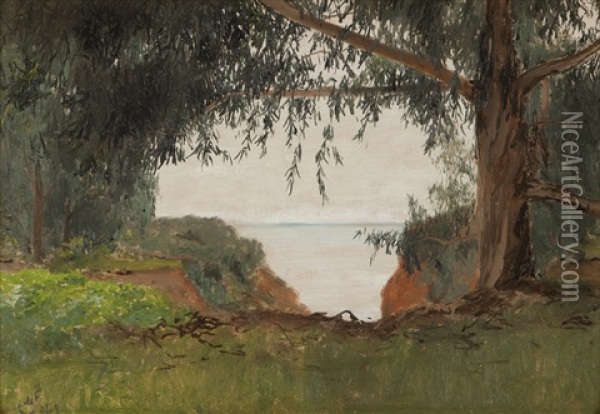 View Of The Ocean Through Coastal Trees Oil Painting - Lockwood de Forest