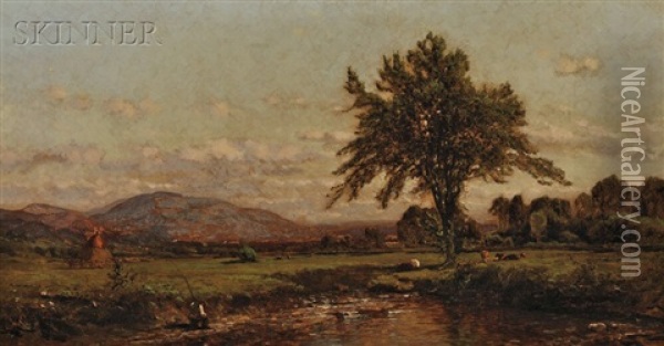 View Of A Fisherman By A Creek With Grazing Cattle Oil Painting - John Bunyan Bristol
