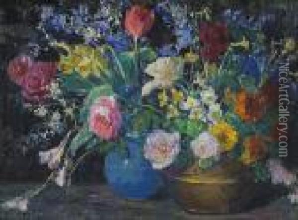 A Still Life With Roses, Daffodils And Other Flowers In Two Vases Oil Painting - Kathryn Cherry