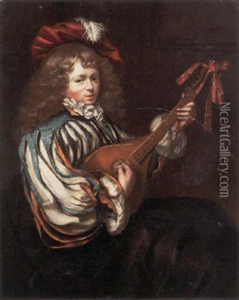 A Young Boy In A Feathered Red Cap Playing The Mandolin Oil Painting - Frans van Mieris the Elder