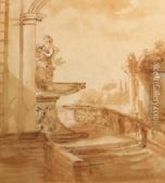 A View Of A Classical Garden Oil Painting - Hubert Robert