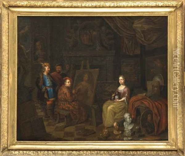 Dame De Qualite Se Faisant Portraiturer Dans L'atelier Du Peintre Oil Painting - Balthasar Van Den Bossche