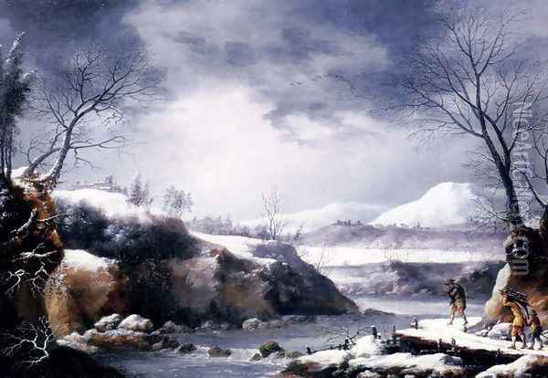 A Winter Landscape With Travellers On A Path Oil Painting - Francesco Foschi