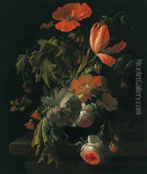 Ein Blumenstraus Mit Rosen,tulpen Und Einer Mohnblume In Einer Tonvase Oil Painting - Elias van den Broeck