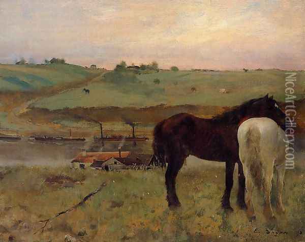 Horses in a Meadow Oil Painting - Edgar Degas