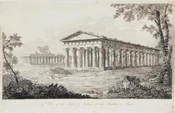 View Of The Temple Of Neptune, And The Basilica, At Paestum Oil Painting - John Scandrett Harford