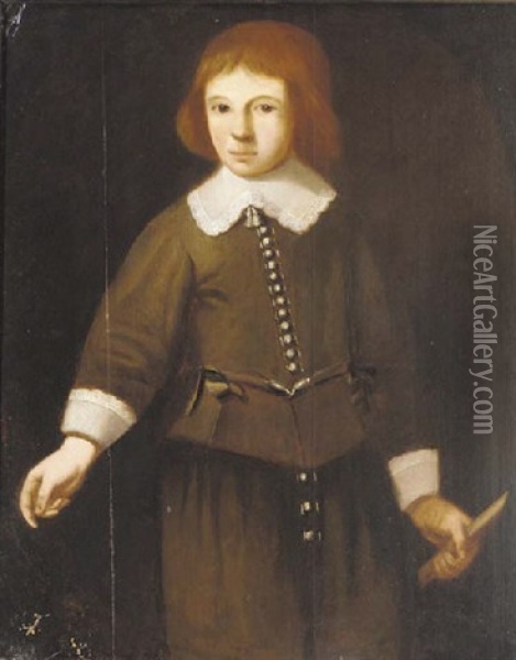 Portrait Of A Boy Wearing A Green Suit And Holding A Flute Oil Painting - Wybrand Simonsz de Geest the Elder