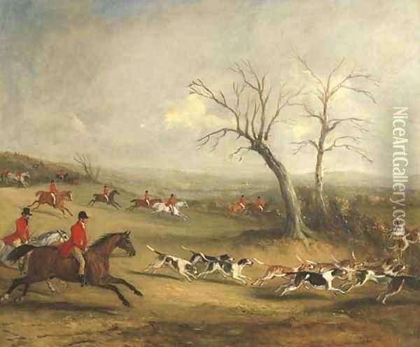 Full Cry Captain White hunting with the Quorn, with Hoby Church and Brooksby Hall in the distance Oil Painting - John Jnr. Ferneley