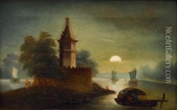 Paar Gemalde: Fluslandschaften Bei Mondlicht Oil Painting - Carl Hilgers