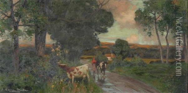 Strathendrick - Landschaft Mit Hirtenmadchen Und Kuhen Oil Painting - Thomas Corson Morton