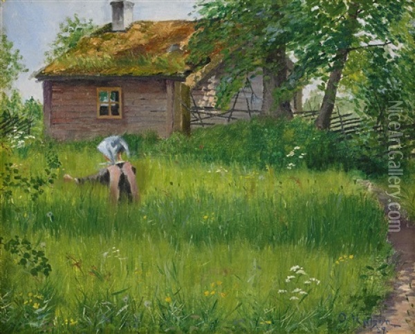 Flicka I Sommargronska Oil Painting - Olof Sager-Nelson