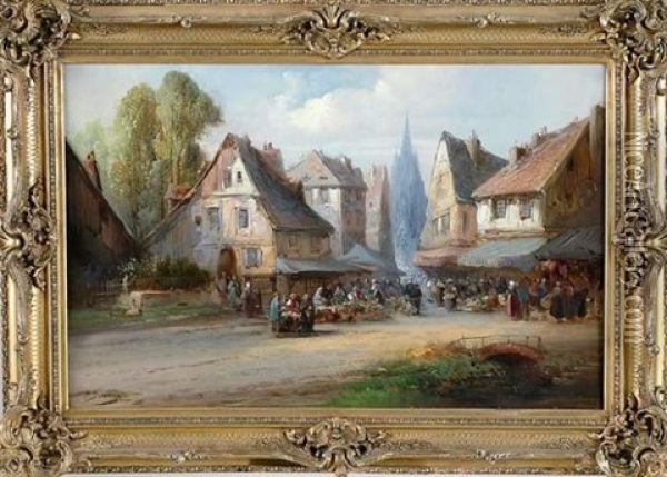 Scene De Marche Dans Un Village Oil Painting - Paul Denarie