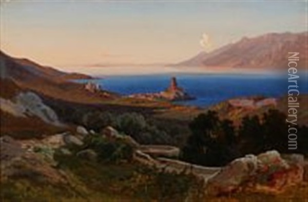 View Of Lake Garda At Malcesine Oil Painting - Thorald Laessoe