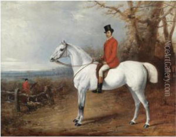 A Gentleman On A Grey Hunter By A Copse Oil Painting - Henry Barraud