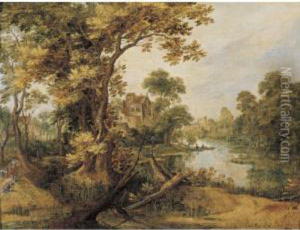 A Wooded River Landscape With Hunters And Two Dogs On A Path, A Town Beyond Oil Painting - Gillis Claesz De Hondecoeter